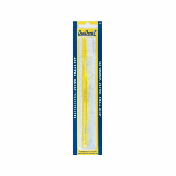Verpakking DuoDent tandenborstel smalle kop medium geel